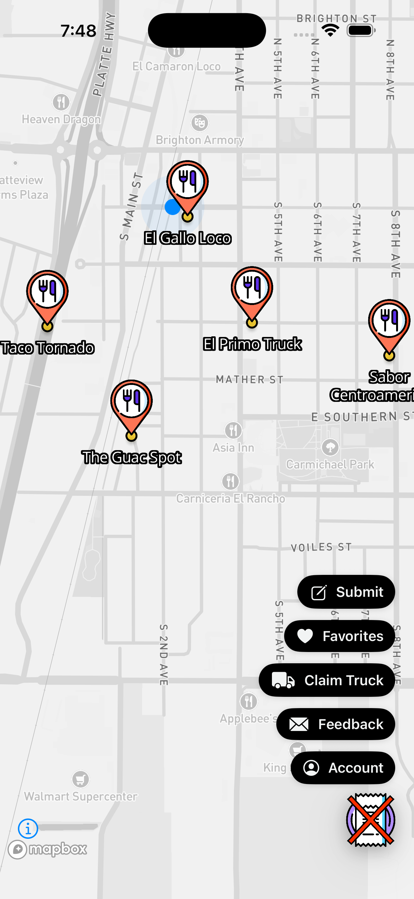 Puestazo app screenshot showing map and nearby puestos